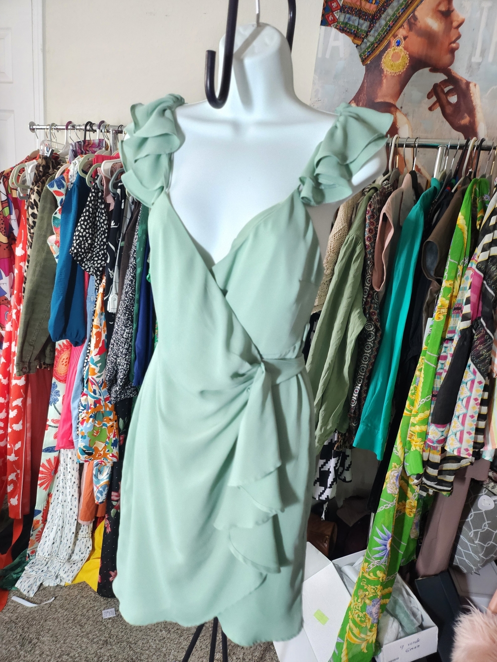 Ruffled Shoulder Wrap Dress in Sage Green